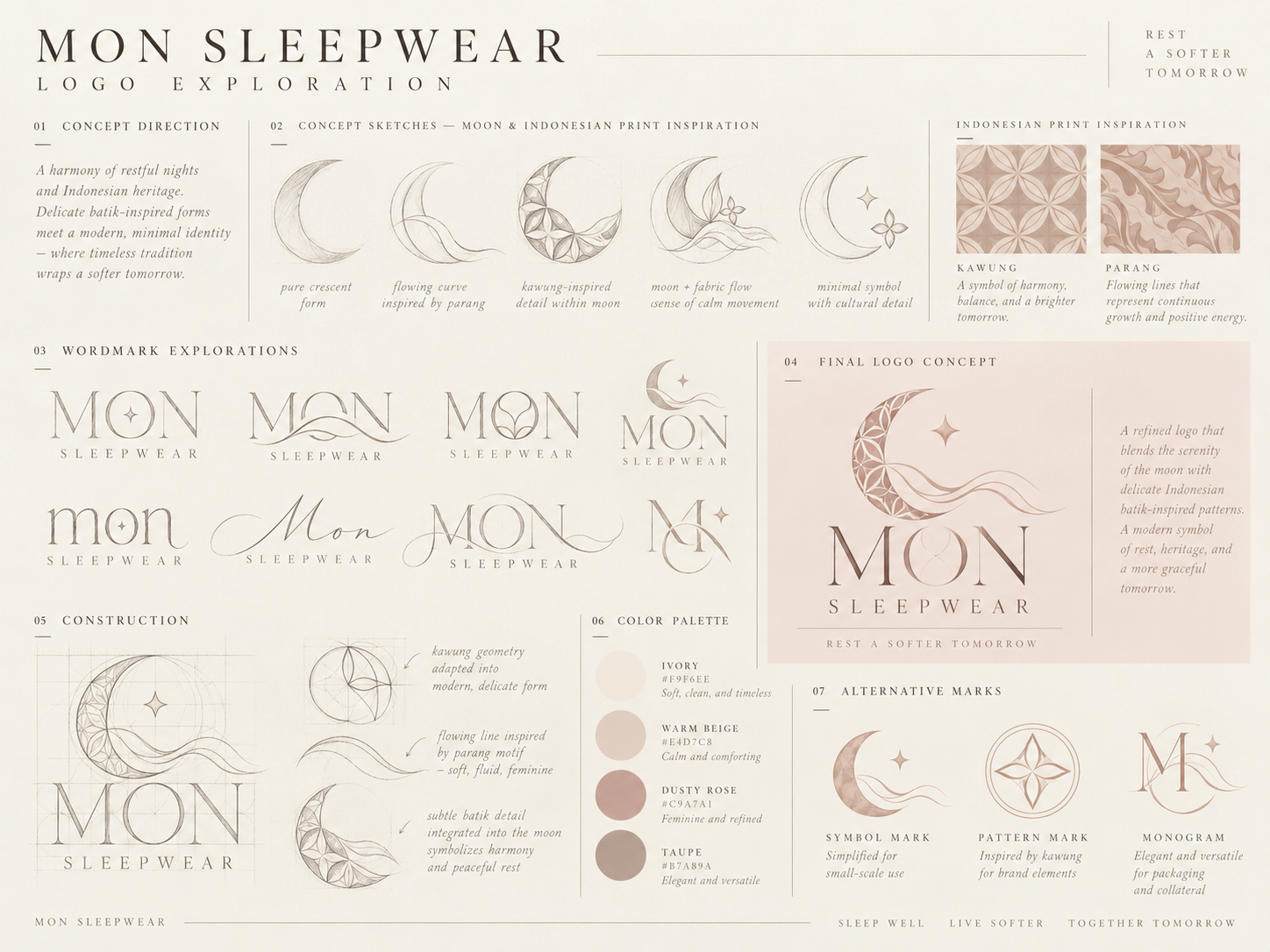 MON SLEEPWEAR logo exploration sketches with Indonesian inspired motifs