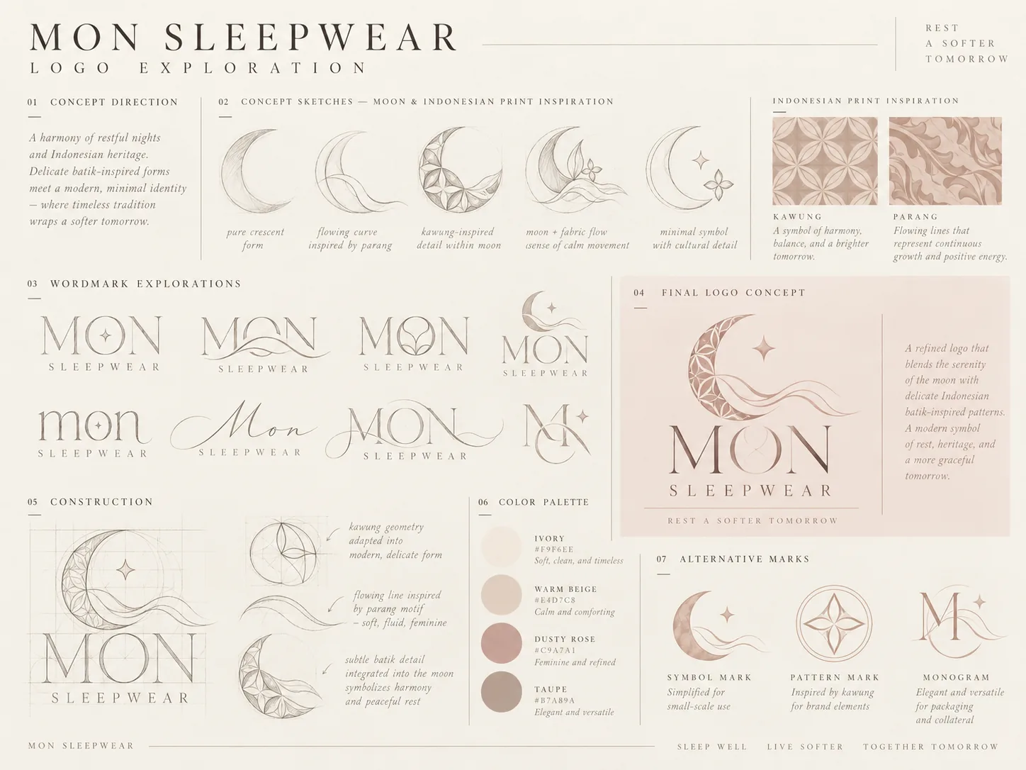 MON logo exploration, crescent forms, Indonesian-inspired motifs and warm neutral colours
