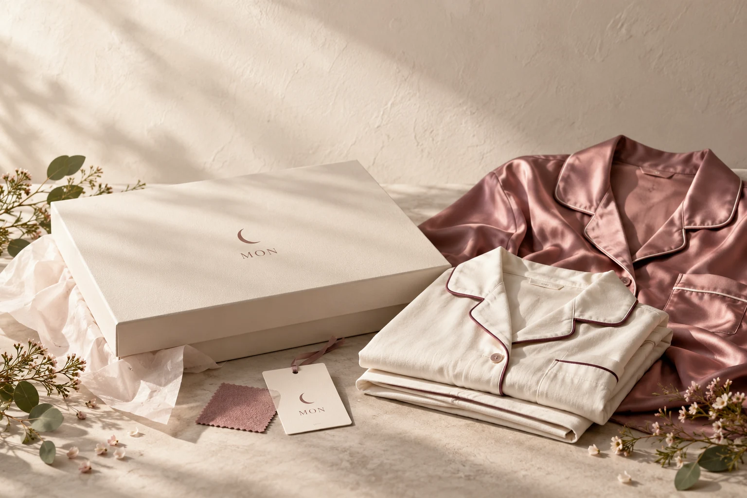 Illustrative MON product and packaging: ivory cotton set, dusty rose shirt and crescent gift box